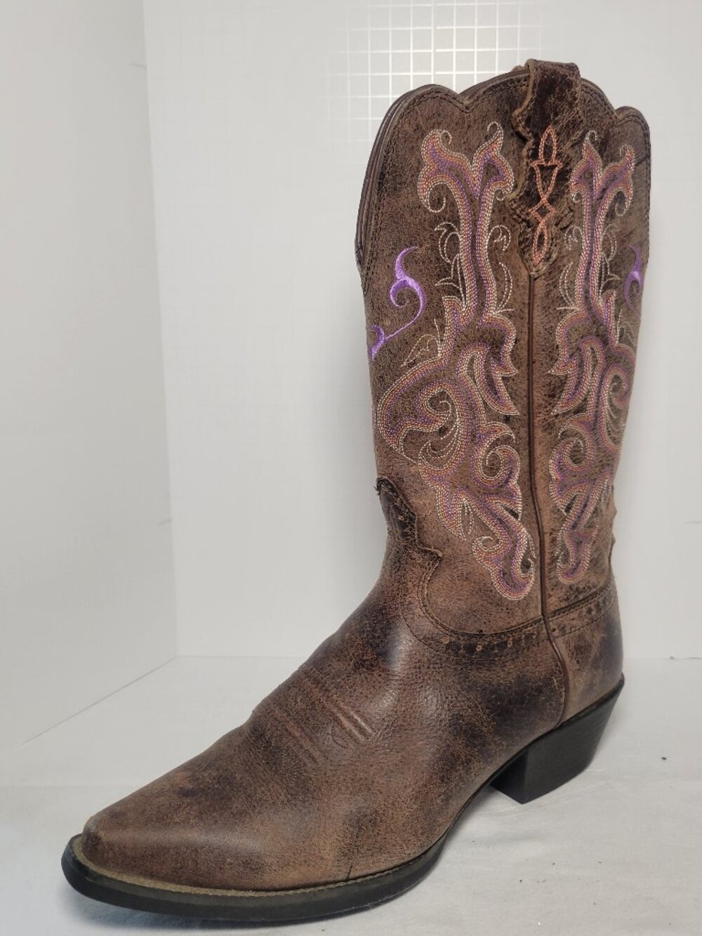Justin Brown Leather Embroidered Western Cowboy Boots Women's 9B